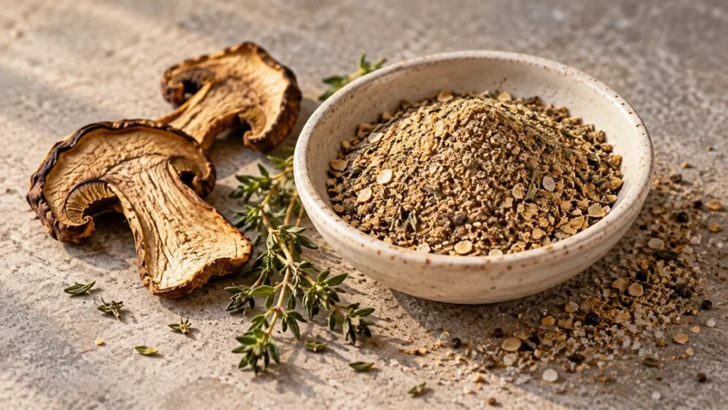 Porcini thyme mushroom rub in a bowl with dried porcini slices and thyme
