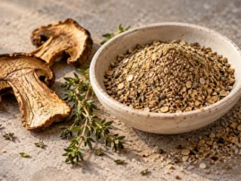 Porcini thyme mushroom rub in a bowl with dried porcini slices and thyme