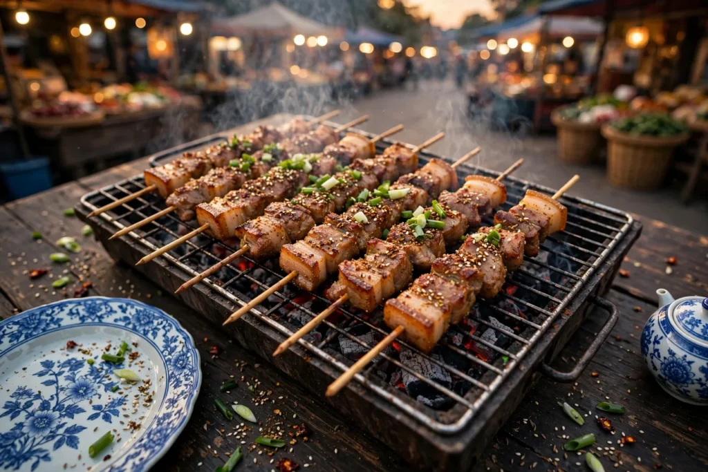 Pork chuan'r, Chinese pork skewers, grilled over charcoal with cumin and five-spice.
