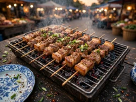 Pork chuan'r, Chinese pork skewers, grilled over charcoal with cumin and five-spice.
