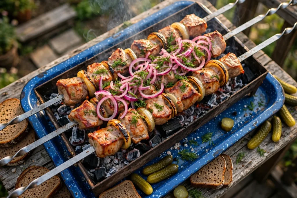 Pork shashlik skewers over charcoal with pickled red onion, dill, and flatbread.
