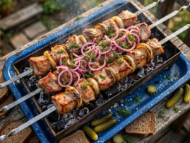 Pork shashlik skewers over charcoal with pickled red onion, dill, and flatbread.