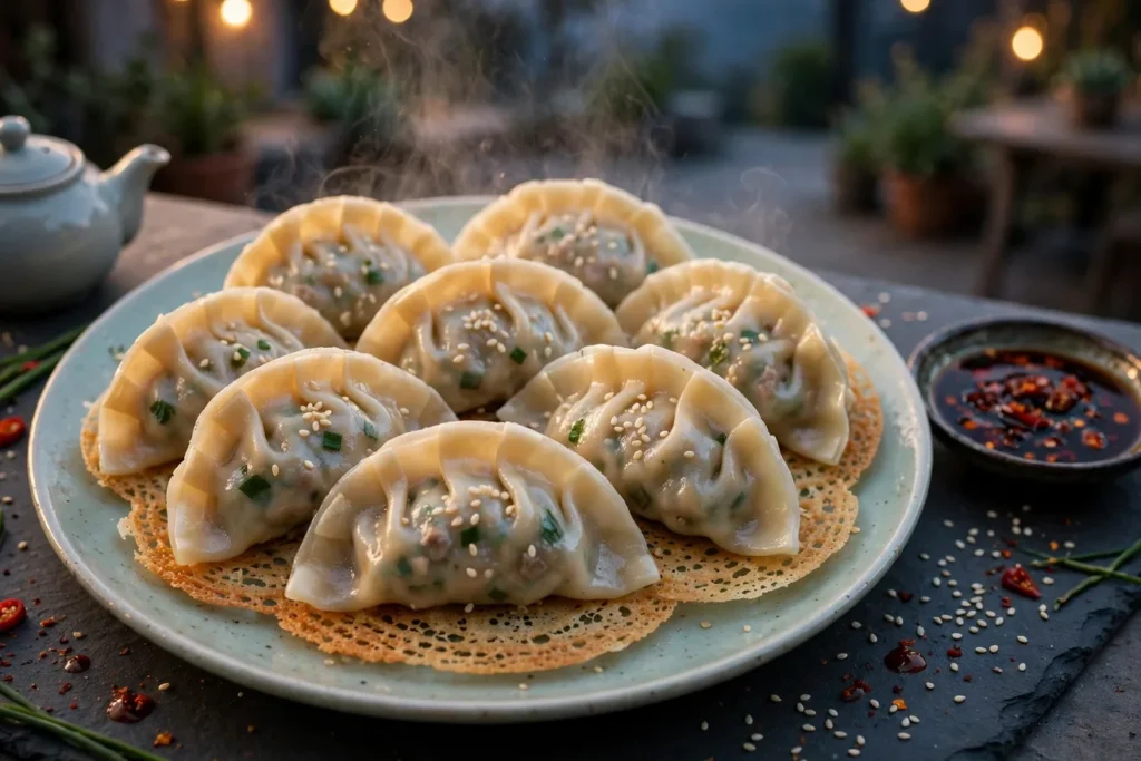 Potstickers, jian jiao, on the griddle with a lacy crisp skirt and dipping sauce.