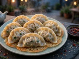 Potstickers, jian jiao, on the griddle with a lacy crisp skirt and dipping sauce.