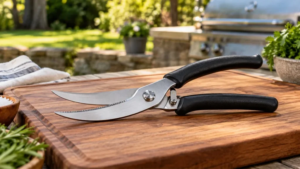 Poultry shears with black handles resting on a wooden cutting board outdoors