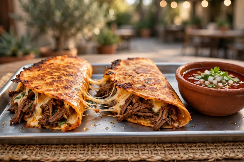 Quesabirria tacos with melted cheese and a bowl of consommé for dipping.