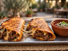 Quesabirria tacos with melted cheese and a bowl of consommé for dipping.