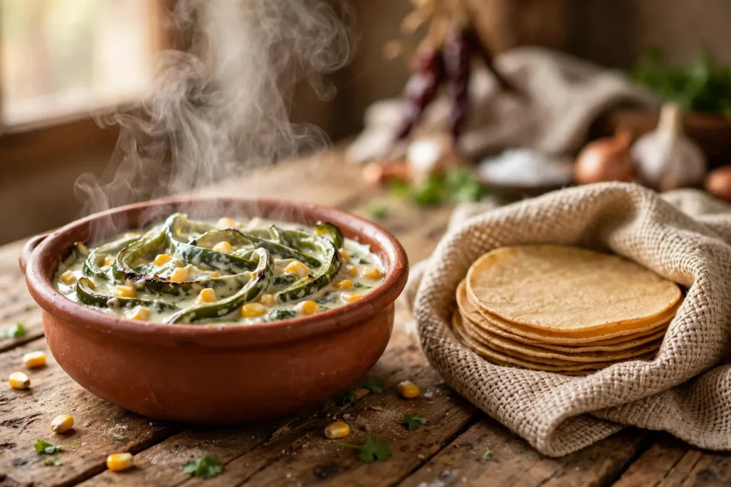 Rajas con crema, roasted poblano strips with corn in a cream sauce.