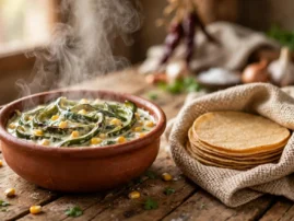 Rajas con crema, roasted poblano strips with corn in a cream sauce.