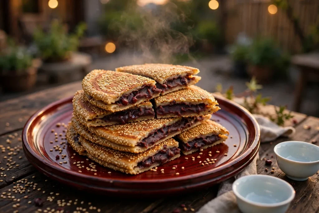 Red bean pancakes, dou sha guo bing, crisp from the griddle with sesame.