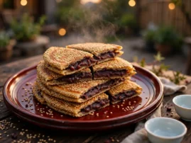 Red bean pancakes, dou sha guo bing, crisp from the griddle with sesame.