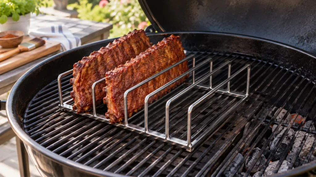 Two slabs of ribs standing upright in a metal rib rack inside a kettle grill