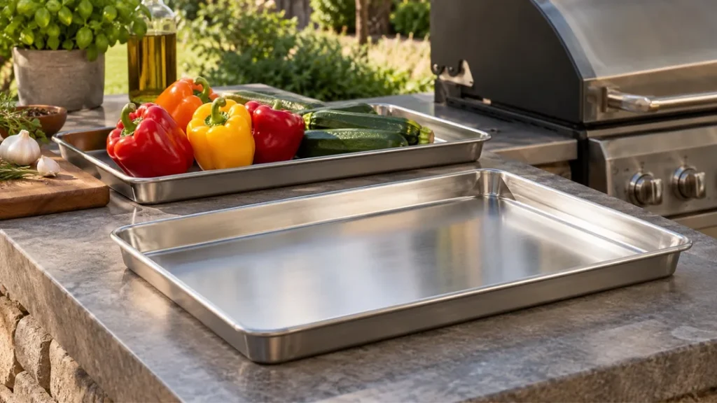 Two rimmed stainless steel prep trays on an outdoor counter, one holding peppers and zucchini