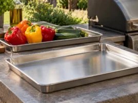 Two rimmed stainless steel prep trays on an outdoor counter, one holding peppers and zucchini