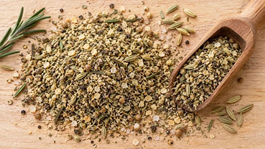 Rosemary fennel lamb rub with whole fennel seeds and a rosemary sprig, in a wooden scoop