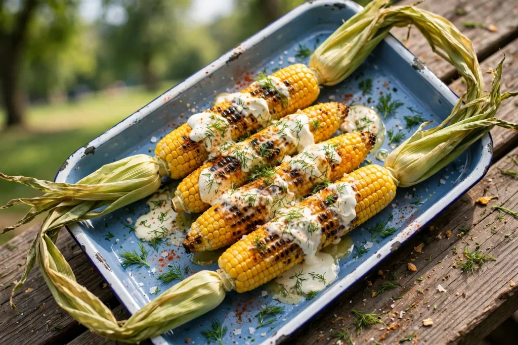 Russian street-style grilled corn with butter, sour cream, dill, and paprika.