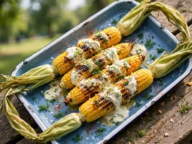 Russian street-style grilled corn with butter, sour cream, dill, and paprika.