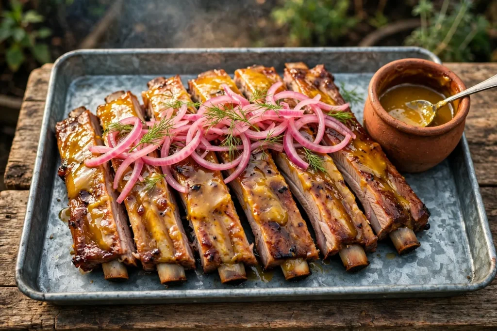 Russian-style grilled pork ribs with mustard-honey glaze and pickled onions.