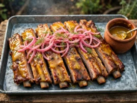 Russian-style grilled pork ribs with mustard-honey glaze and pickled onions.
