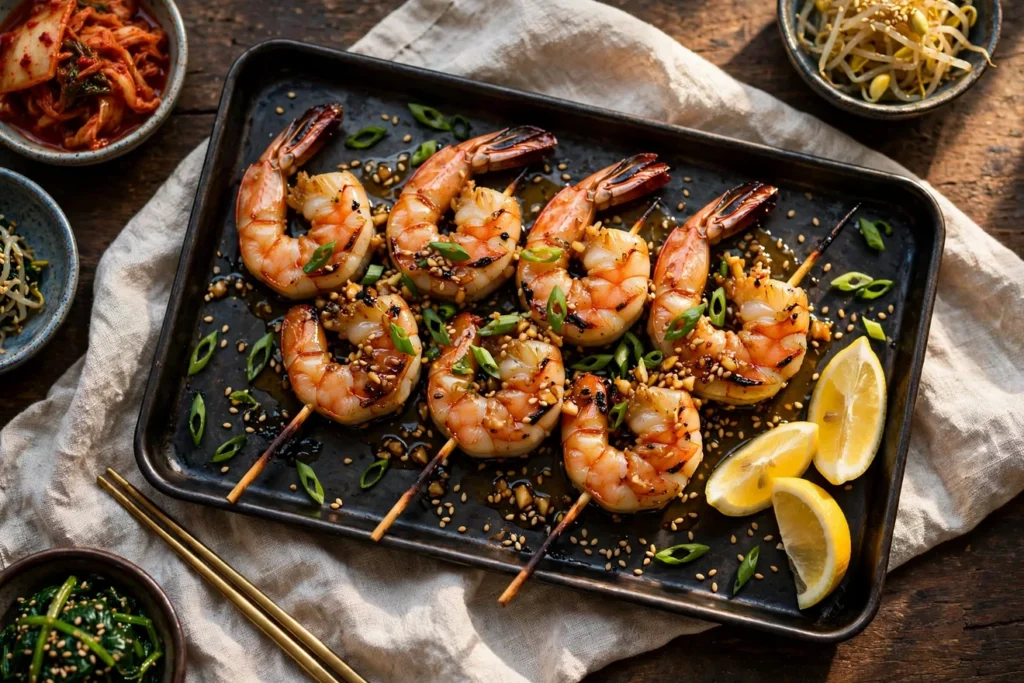Saeu gui, Korean grilled garlic shrimp skewers, with sesame and scallions.