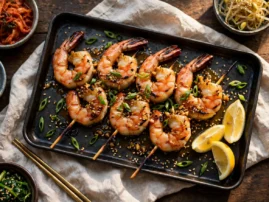 Saeu gui, Korean grilled garlic shrimp skewers, with sesame and scallions.