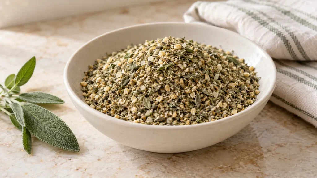 Sage thyme turkey rub in a white bowl with a fresh sage sprig