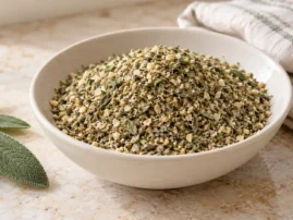 Sage thyme turkey rub in a white bowl with a fresh sage sprig