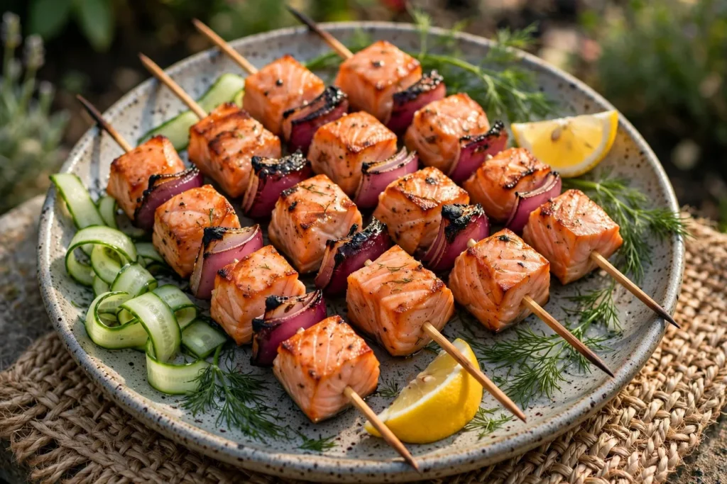 Salmon shashlik skewers with red onion, dill, lemon, and cucumber.