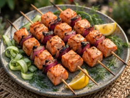 Salmon shashlik skewers with red onion, dill, lemon, and cucumber.