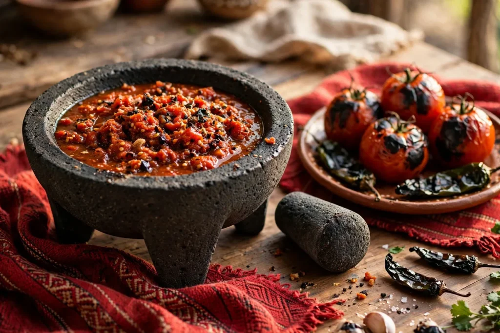 Salsa roja asada in a molcajete with charred tomatoes and chiles.