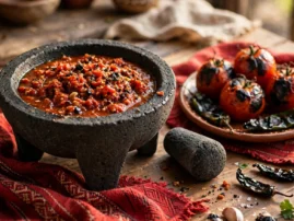 Salsa roja asada in a molcajete with charred tomatoes and chiles.