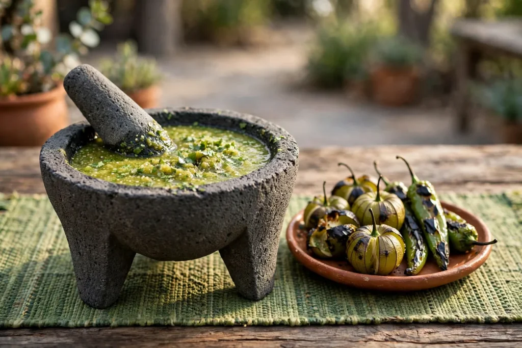 Salsa verde asada with charred tomatillos and cilantro.