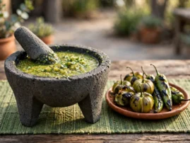 Salsa verde asada with charred tomatillos and cilantro.