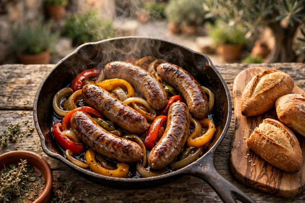 Salsiccia alla griglia, grilled Italian sausages with peppers and onions in cast iron.