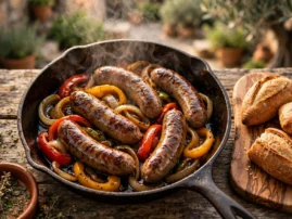 Salsiccia alla griglia, grilled Italian sausages with peppers and onions in cast iron.
