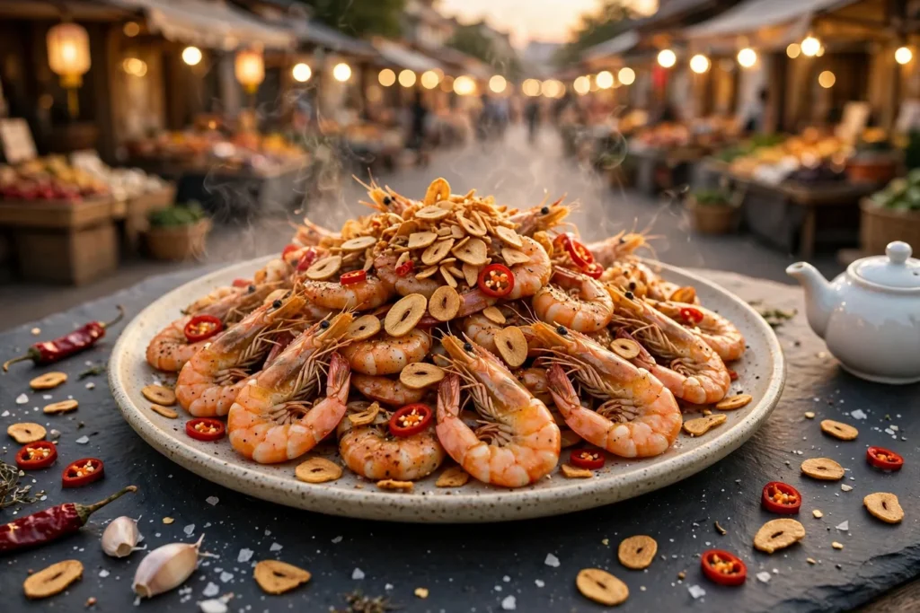 Salt and pepper shrimp crisped on the griddle with garlic and chiles.