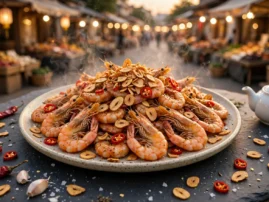 Salt and pepper shrimp crisped on the griddle with garlic and chiles.