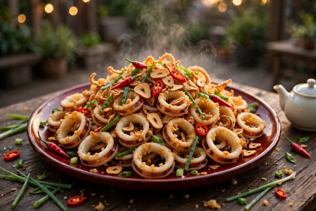 Salt and pepper squid flash-cooked on the griddle with chiles and garlic.