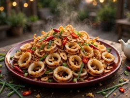 Salt and pepper squid flash-cooked on the griddle with chiles and garlic.