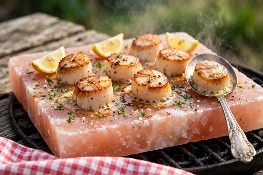 Seared scallops on a Himalayan salt block on the grill, one scallop resting in a vintage silver serving spoon, lemon wedges alongside.