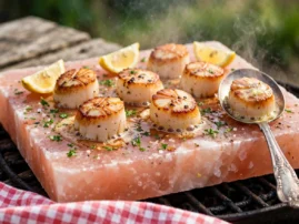 Seared scallops on a Himalayan salt block on the grill, one scallop resting in a vintage silver serving spoon, lemon wedges alongside.