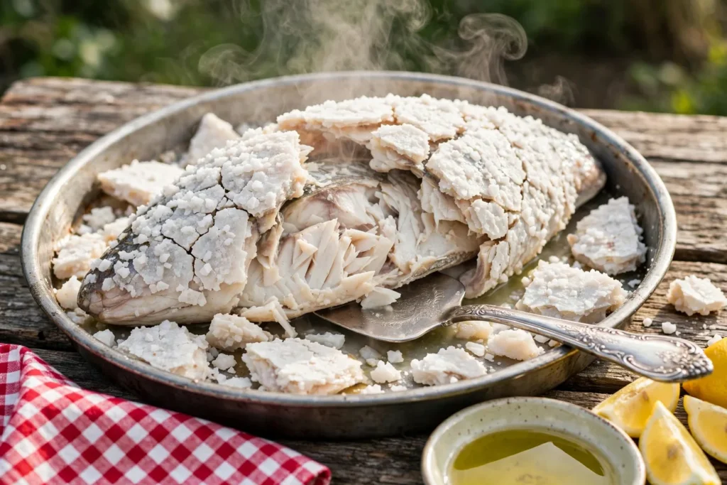 Salt-crusted whole sea bass with the crust cracked open, a vintage silver pie server lifting the first fillet, lemon wedges beside.