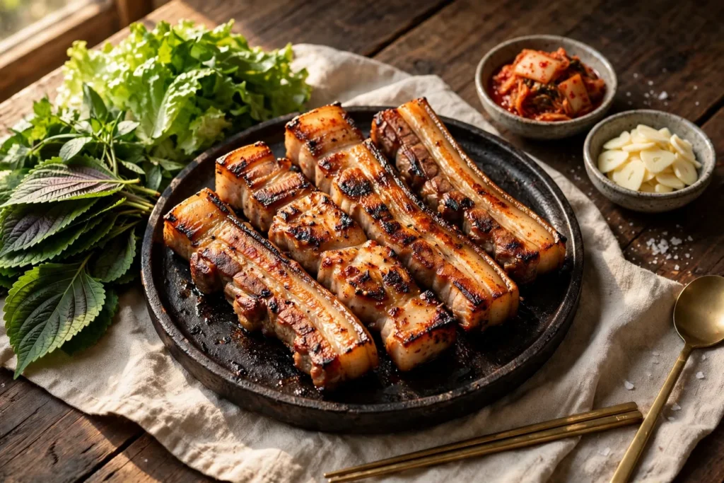 Samgyeopsal grilled pork belly with lettuce wraps, kimchi, and ssamjang.