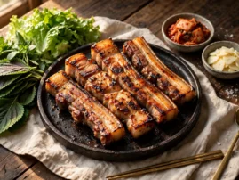 Samgyeopsal grilled pork belly with lettuce wraps, kimchi, and ssamjang.