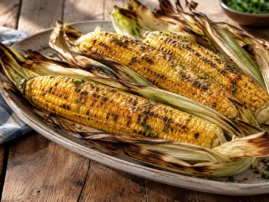 Seasoned corn on the cob grilled in its husks.
