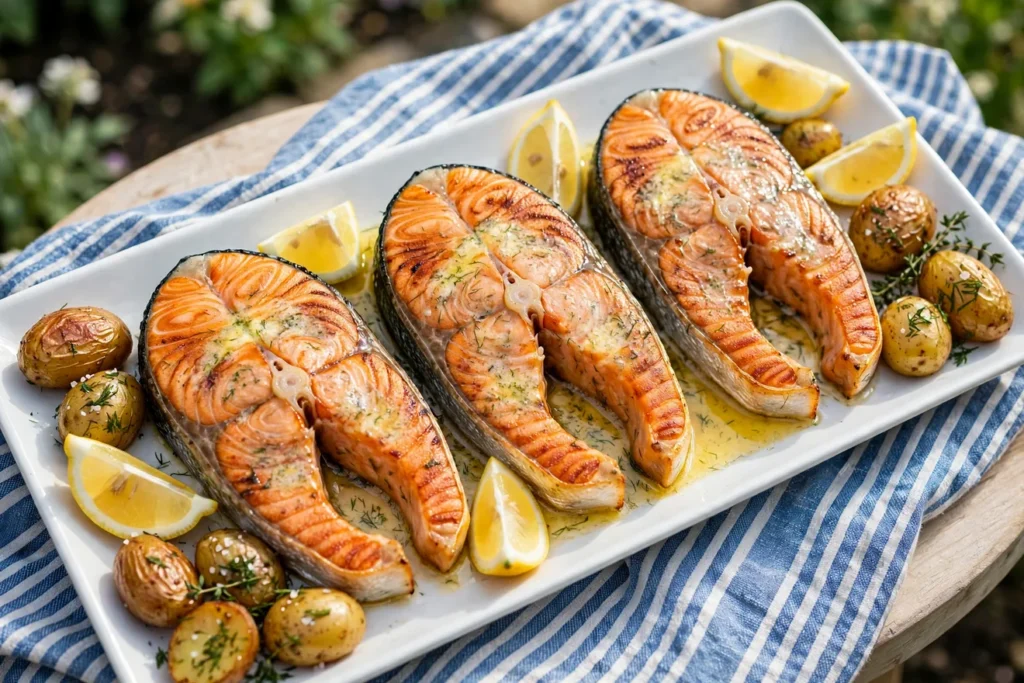 Semga, grilled salmon steaks with dill butter and lemon.