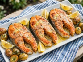 Semga, grilled salmon steaks with dill butter and lemon.