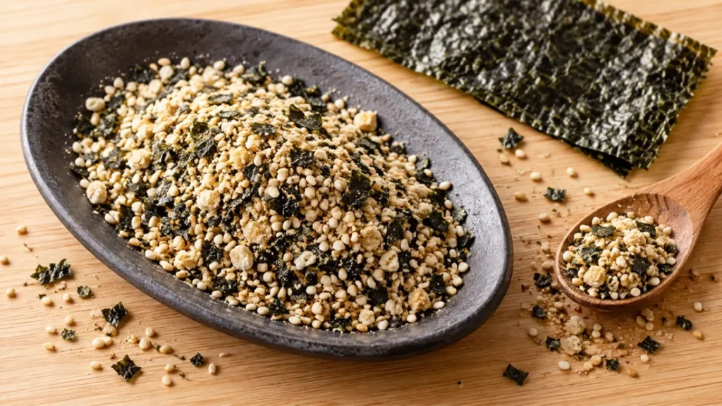 Sesame nori seafood rub on a dark plate with a sheet of nori