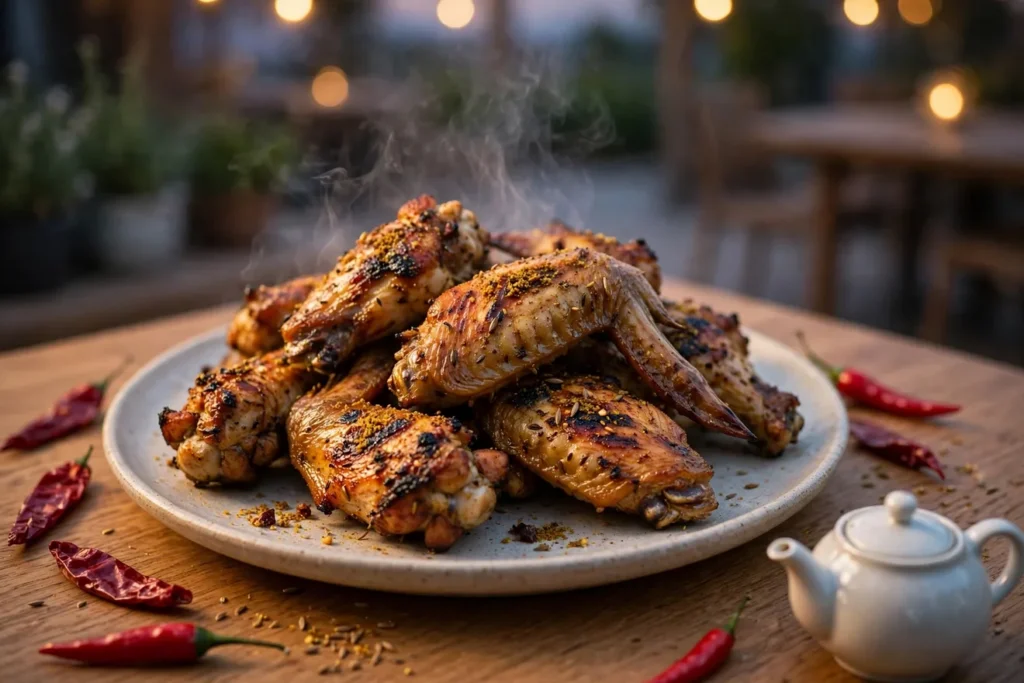 Shaokao grilled chicken wings with crisp skin and cumin-chile spice.