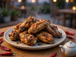 Shaokao grilled chicken wings with crisp skin and cumin-chile spice.